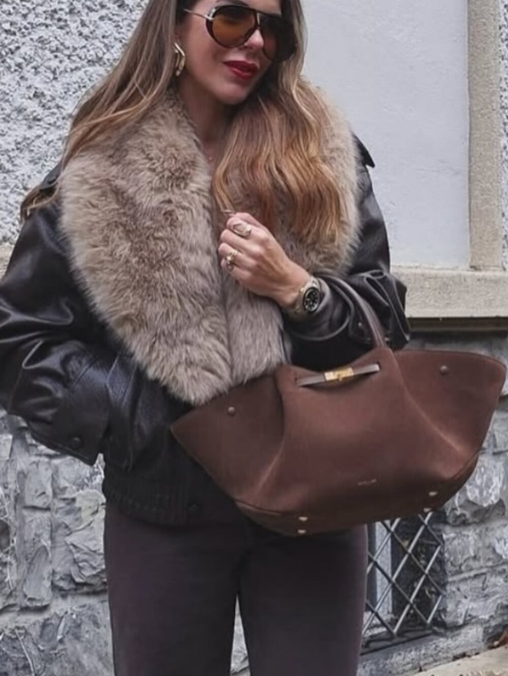 Women Winter Loose Thicken Faux Leather Jacket Fashion Removed Big Fur Collar